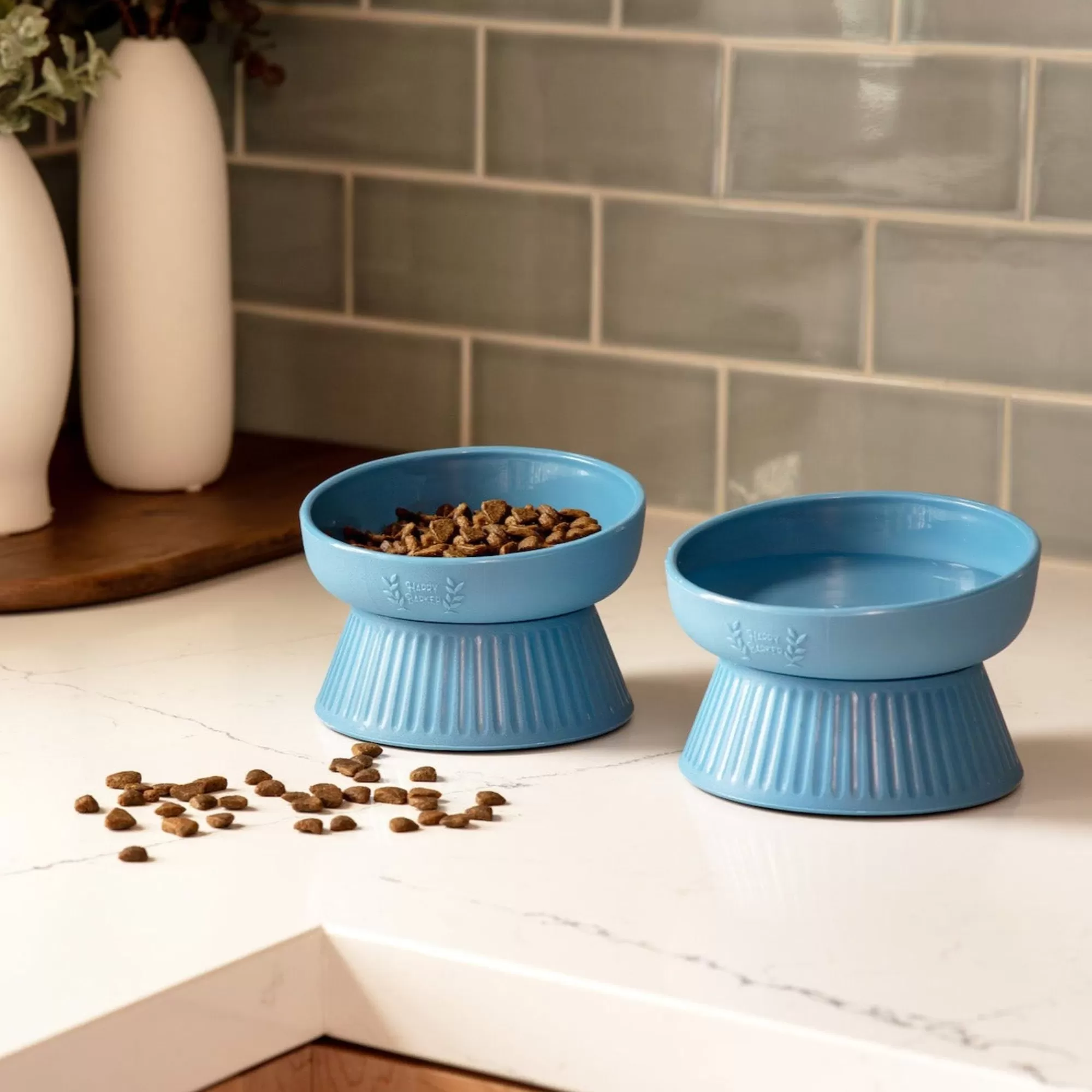 New Raised Slanted Cat Bowl Set - Blue Bowls